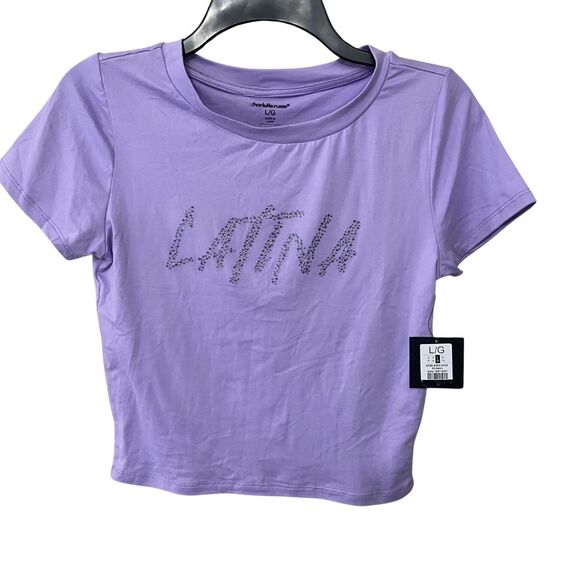 Charlotte Russe Lavender Crop Top with Print Latina. Size Large - Picture 1 of 6